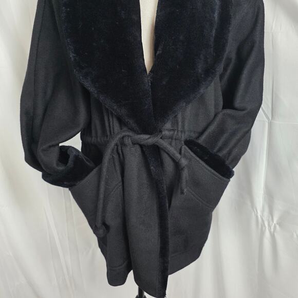 Portrait Black Faux Fur Shawl Collar Belted Jacket Women’s Size 4 Vintage Cozy - Picture 4 of 12